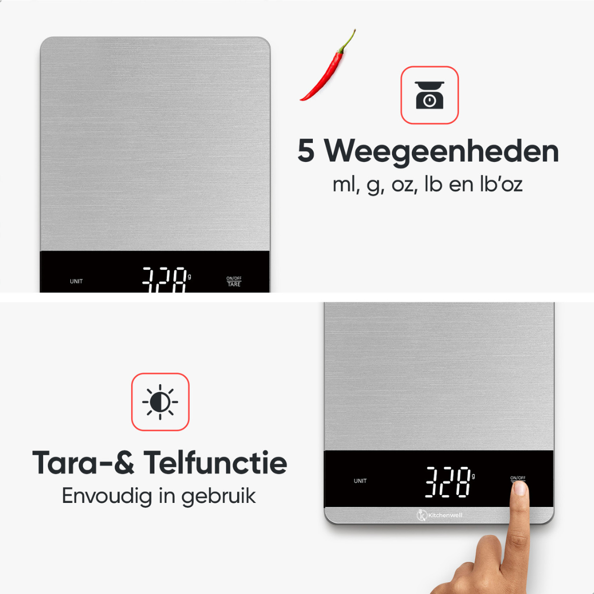 Kitchenwell Digitale Keukenweegschaal 5gr - 10kg